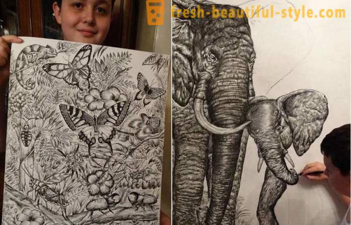 Serbisk tenåring trekker flotte portretter av dyr ved hjelp av en blyant eller kulepenn